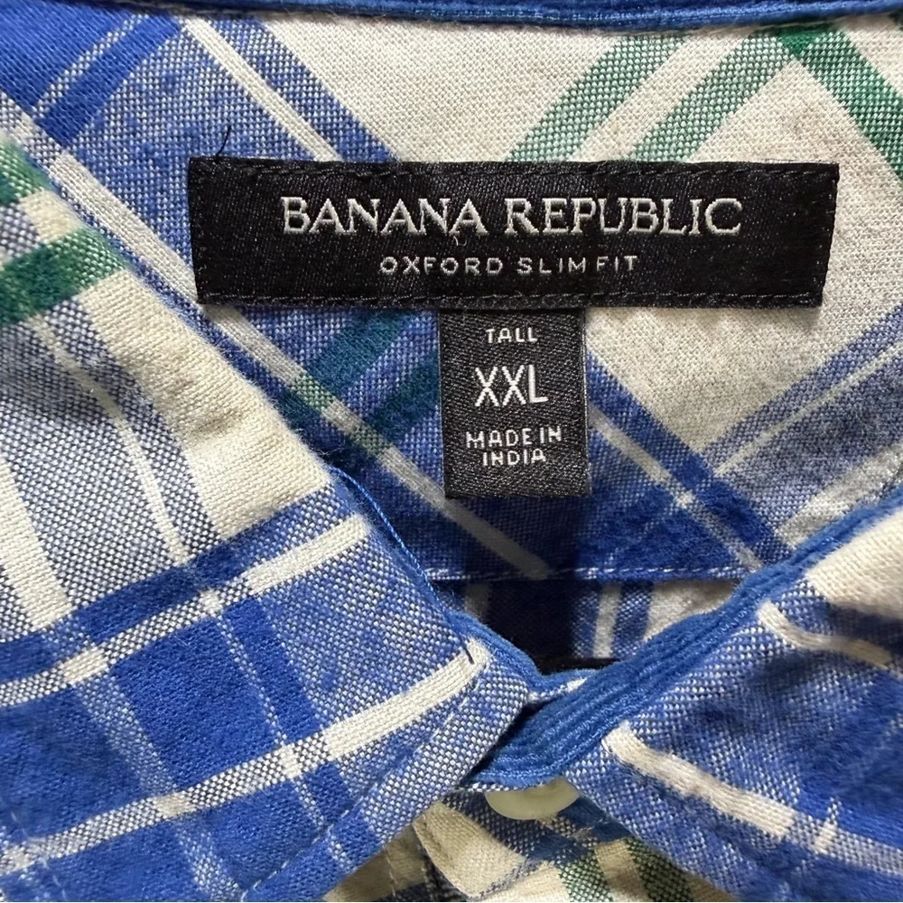 Banana Republic Oxford Slim Fit Blue Green Plaid Corduroy Trim Mens Shirt XXL